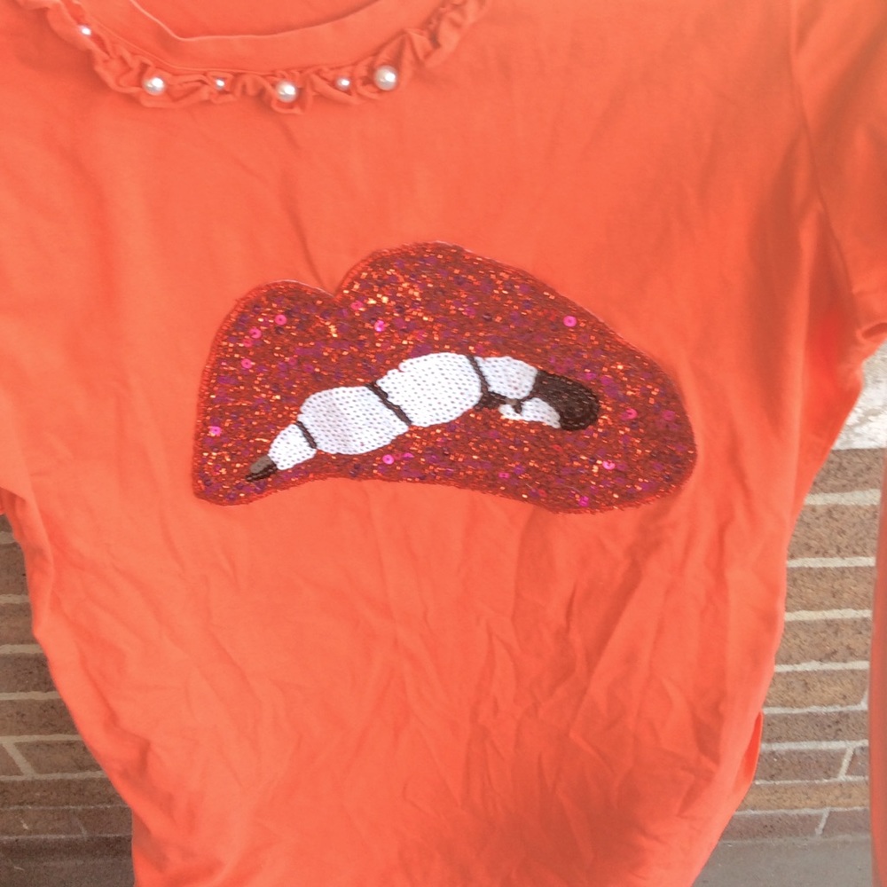 Orange Short Sleeve Tee with Sequin Lip Applique